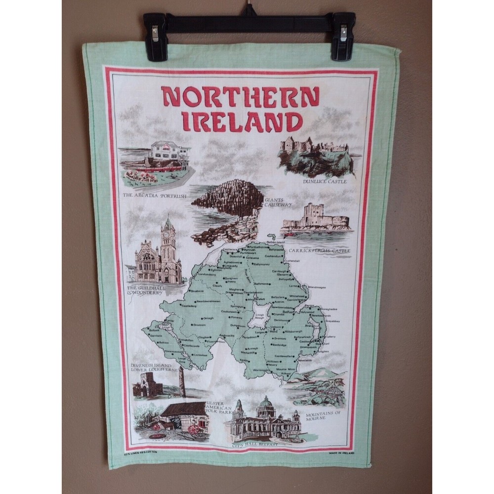 VTG Northern Ireland Linen Tea Towel Wall Hanging Map Arcadia Causeway Dunluce